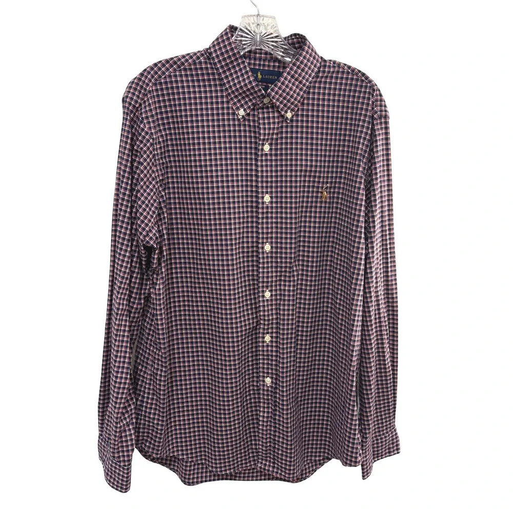 Ralph Lauren Button Down Shirt Mens L Navy Plaid Cotton Long Sleeve Brown Pony